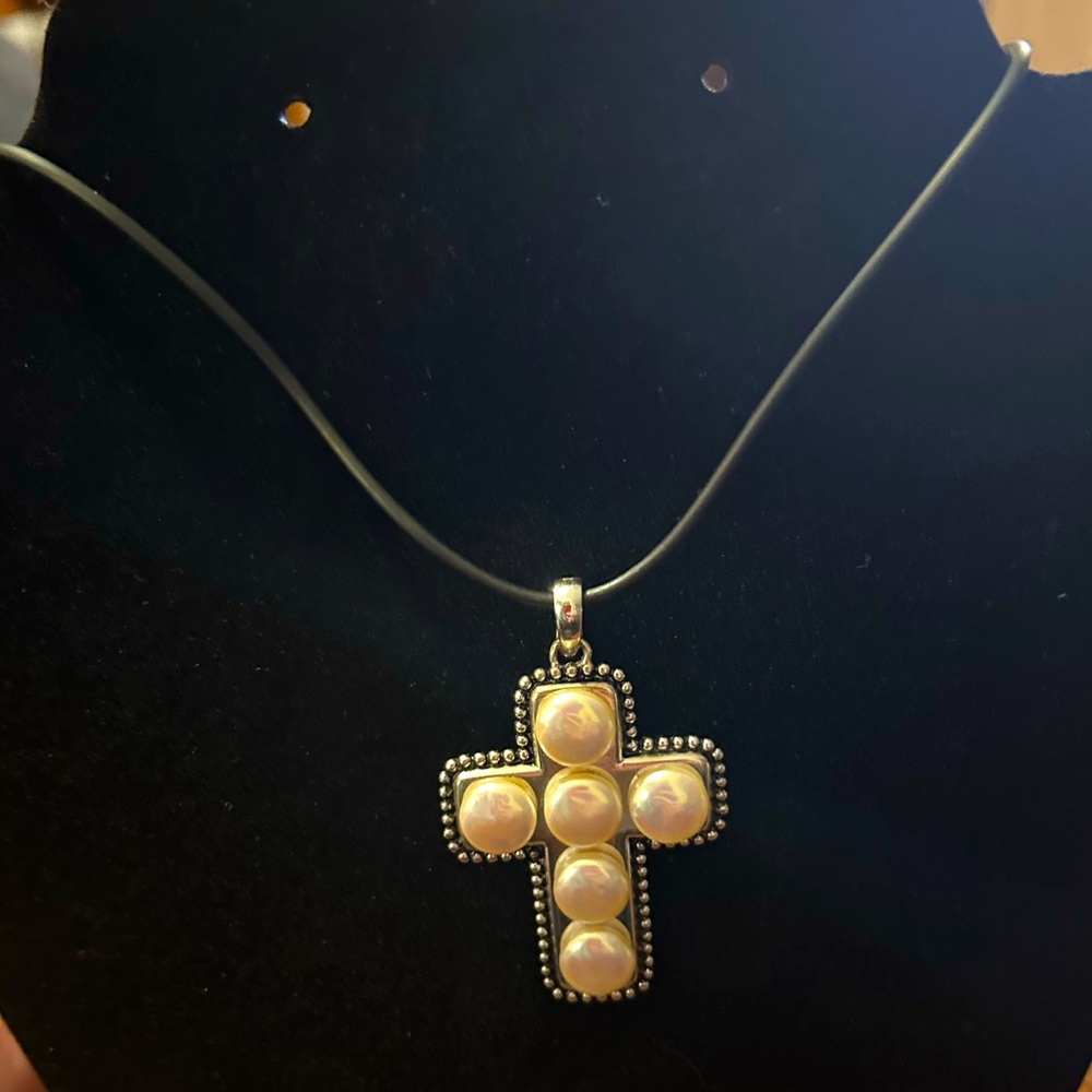 Sterling Silver Pearl Cross Pendant Necklace